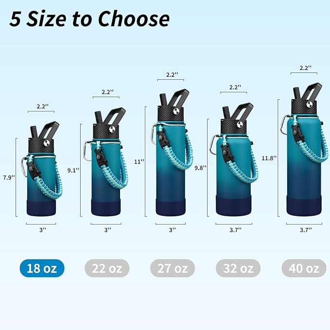 BJPKPK Water Bottle with Straw Lid, 18oz Insulated Water Bottles with 3 Lids, Paracord Handle & Non-slip Boot, Metal Stainless Steel Thermal Flasks, BPA Free Leak Proof Cups, Tumblers,Vast