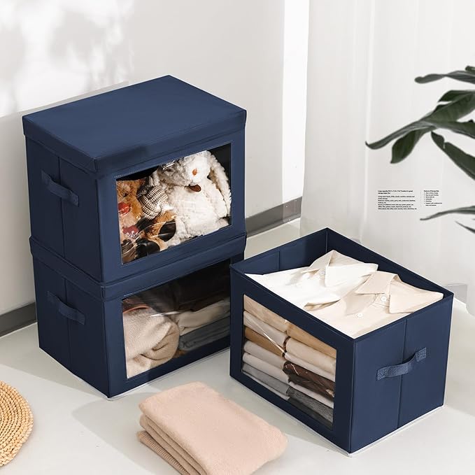 Stackable Storage Bins with Lids - Large Storage Box with Lids, Foldable Closet Boxes for Organizing, Wardrobe Clothes Organizer with Window, Cubes Bins for Living Room, 4 Pack, Navy Blue