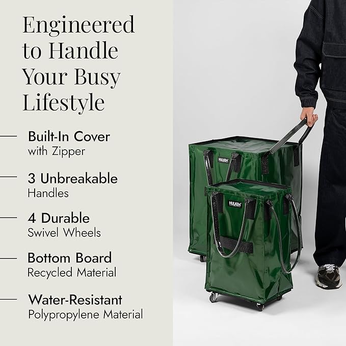 HULKEN (Small, Forest Green) Reusable Grocery Bag On Wheels, Shopping Trolley, Rolling Tote, Zipper Closure, Lightweight, Carries Up to 66 lb, Folds Flat