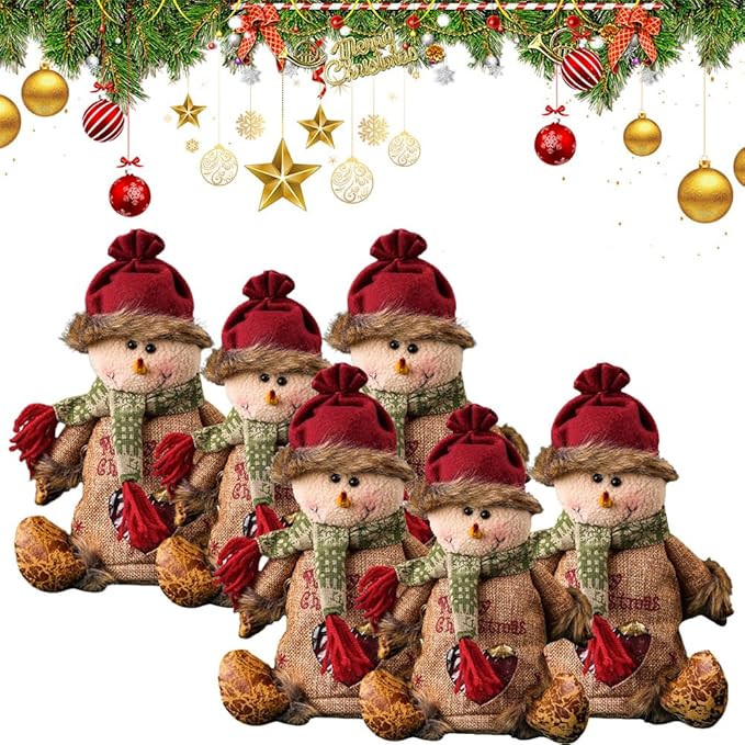 6pcs Christmas Gift Bags Zipper Design, Reusable Flax Fabric Christmas Bags For Candy, Apples (Snowman)
