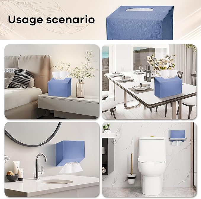 Tissue Box Cover Holder Compatible with Kleenex Disposable Paper Hand Towels, Leather Paper Towel Dispenser for Tabletop, Bathroom, Car, Office (Blue-1 Pack)