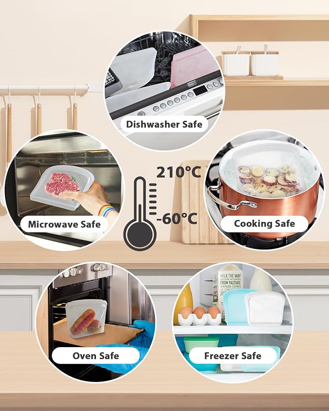 Reusable Silicone Storage Bag, 8Pack Pocket, Snack, and Sandwich Bag, Endurables Seal-Top Silicone Bags for Food Storage, Freezer, Microwave, Oven, Dishwasher Safe (Clear & Mint Green)