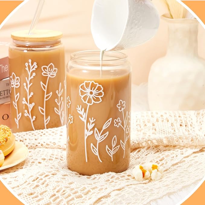 Mumufy Gift for Women Cute Glass Cup Tumbler Flower Iced Coffee Mugs 16 oz Glass with Bamboo Lid & Straw, Mothers Day Birthday Gift for Mom Sister Bridesmaid Baby Shower(4 Pack,Boho Floral)