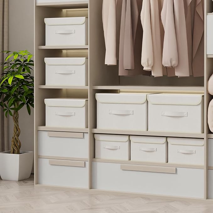 Fabric Storage Bins Cube Organizers with Flip-Top Lid and Handles,Storage Boxes for Organizing Home,Office,and Closet,Beige,5 Pack 13 X 9.1 X 7.9 in