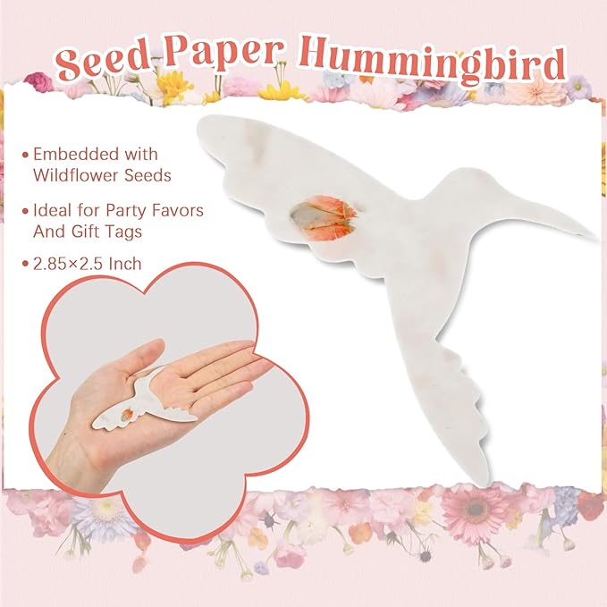 50 Pcs Handmade Seed Paper Plantable Wildflower Seed Paper Recycled Flower Petals Tags Wedding Favors for Guests Craft Gifts Cards for Envelope Birthday Party, 5 Styles (Hummingbird Shape)