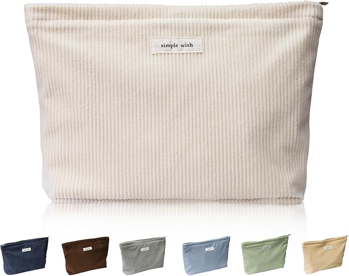 Wudygirl Travel Makeup Bag,Large Capacity Cosmetic Bag for Women,Corduroy Toiletry bag Handbags Purses Zipper pouch(Beige)