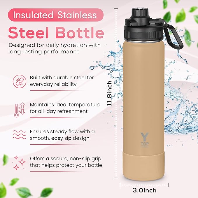 Y TOP 24oz Insulated Water Bottle Cup Holder Friendly, Leak Proof Spout Lid, Double Wall Insulation, Dishwasher Safe, Easy Clean Stainless Steel Water Bottle for Gym Kids Sports Travel School Hiking