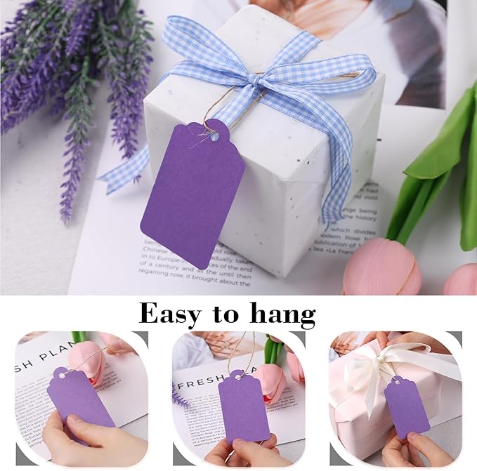 SallyFashion 120PCS Gift Tags with String Attached, 1.6 x 2.8 inch Purple Paper Tags for Wedding Birthday Gifts DIY