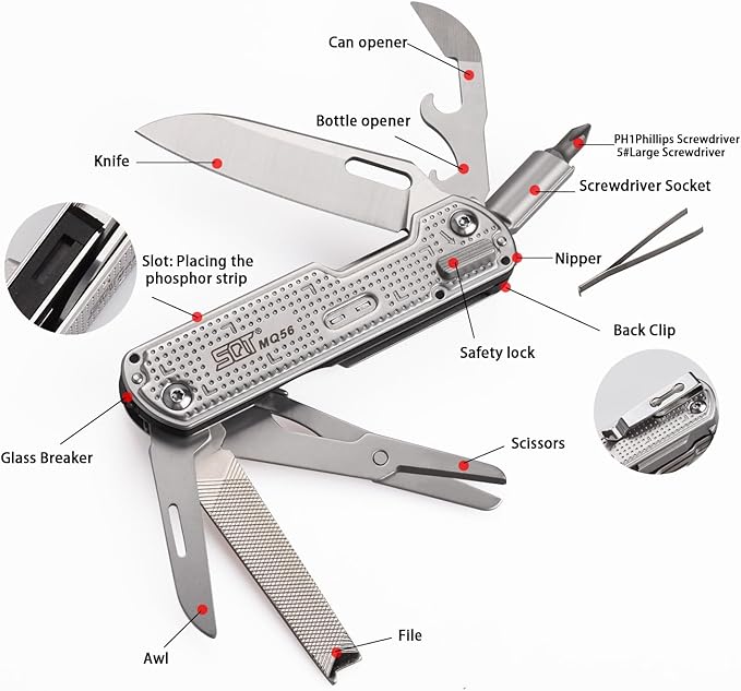 SQT2056 13-in-1 Multitool Knife with Glass Breaker, Survival Knife for Outdoor, Camping, Hiking, Emergency - Portable Scissors, Screwdrivers, Can Opener for EDC, Work & Adventure