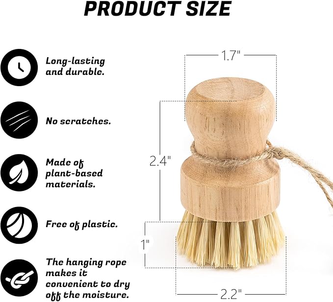 Bamboo Dish Brush 1-Pack - Natural Wood Dish Scrub Brush with Sisal Bristles for Cleaning Pots Pans and Sink - Eco-Friendly Kitchen Scrubber