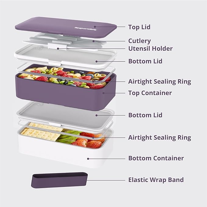 Responsible Products Leak Resistant Bento Box with Tableware for Adult - Teens, Insulated Lunch Box for Women - Men - Girls - Boys, BPA Free, Dishwasher Safe, Microwave Safe, Freezer Safe, 46 oz