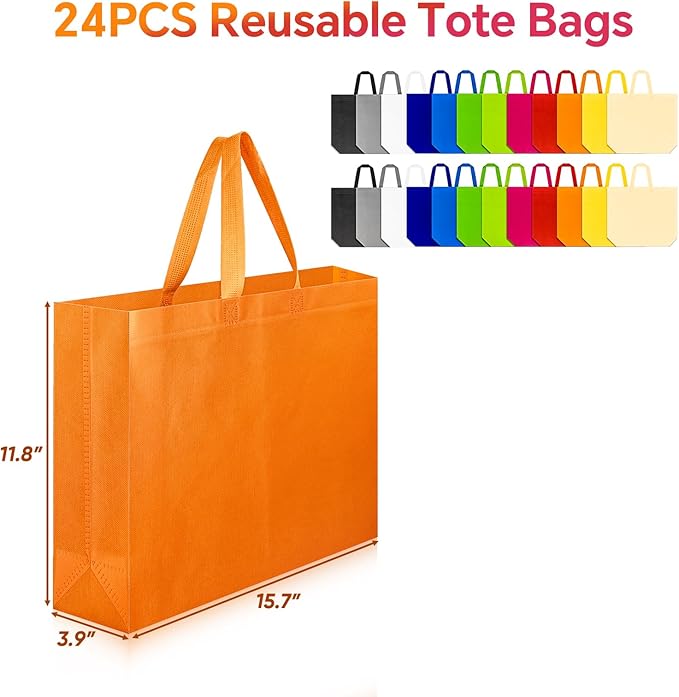 24 Pack Reusable Grocery Bags, Colorful Non-Woven Shopping Bags, Foldable Tote Bags Bulk