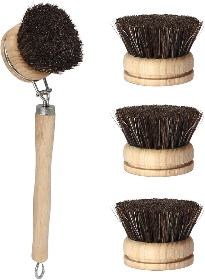 Wooden Dish Brush Set, 4 Natural Bristle Replacement Heads with 1 Sturdy Wooden Handle, Horsehair Kitchen Scrub Brush for Pots, Pans, Vegetables and Cookware