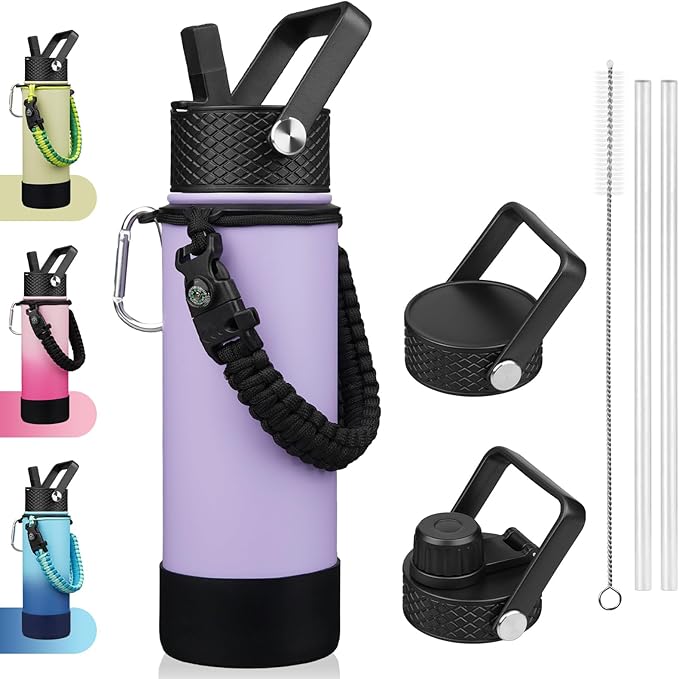 BJPKPK Insulated Water Bottle with Straw Lid, 22oz Thermal Flasks Water Bottles with 3 Lids, Paracord Handle & Non-slip Boot, BPA Free Leak Proof Stainless Steel Tumblers,Lavender
