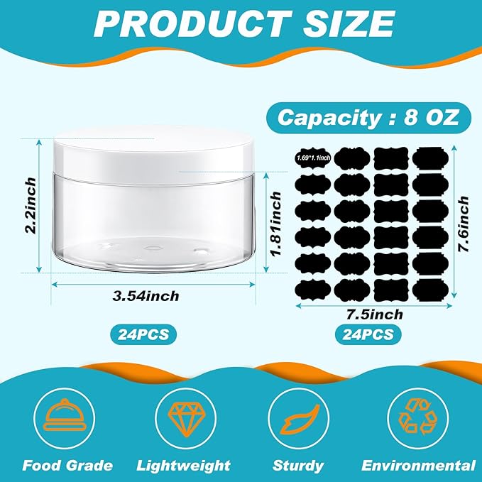 Dandat 24 Pcs 8 oz Plastic Jar Container with Lid and Label Refillable Empty Round Clear with White PET Cosmetic Sample Containers for Lotion, Cream, Ointments, Body Butter, Makeup, Travel Storage