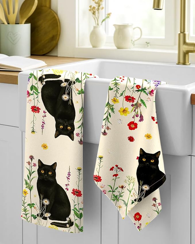 Flour Sack Kitchen Towels Set of 2-18x26 Cotton Dish Towels with Hanging Loop Reusable Tea Towel for Cleaning Spring Absorbent Dishcloths Cute Home Decor Housewarming, Retro Cats Floral