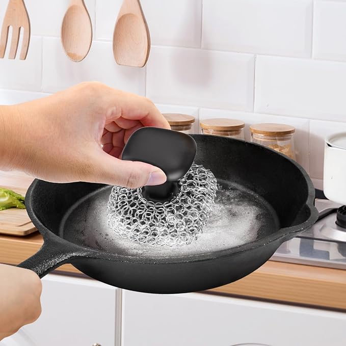 Cast Iron Scrubber | Dish Scrub Brush | 316 Cast Iron Cleaner Chainmail Scrubber for Pan Skillet Cleaner - Dish Scouring Pad Dishwasher Safe Cleaning Kit, Black 03