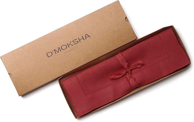 D'Moksha Homes Red Linen Placemats Set of 4 - Classic Hemstitch Placemats 14 x 19 Inch - 100% Pure Linen Table Mats for Winter, Christmas, Holiday - Handcrafted and Machine Washable