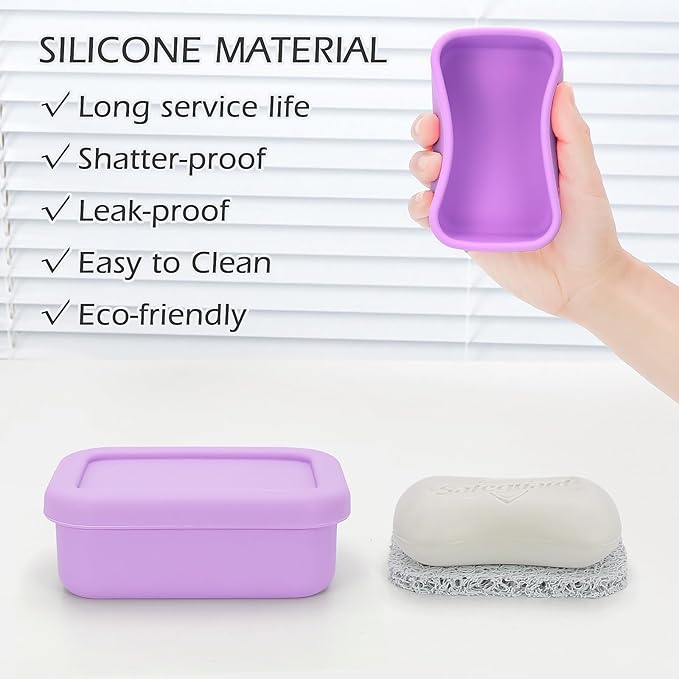 Silicone Bar Soap Travel Case,Completely Leak Proof Bar Soap Holder,Compact Soap Bar Container,Portable Soap Box for Traveling,Camping,Gym,Outdoor (Light Purple)