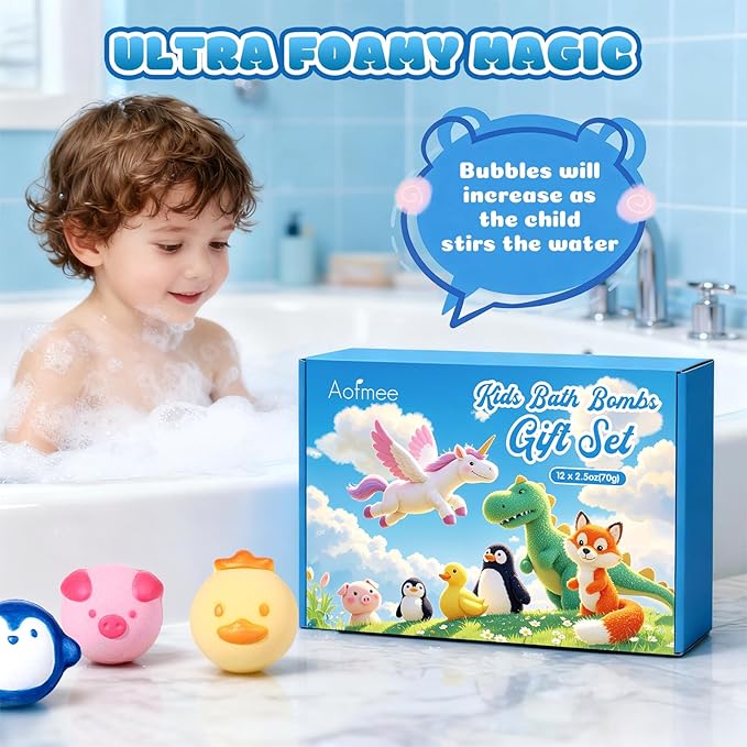 Aofmee Bath Bombs for Kids, 12 Pcs Kids Bath Bombs with Essential Oil, 6 Animal Shapes and Fruity Aroma, Natural Organic Spa Gift Set for Boys Girls, Birthday Christmas Halloween