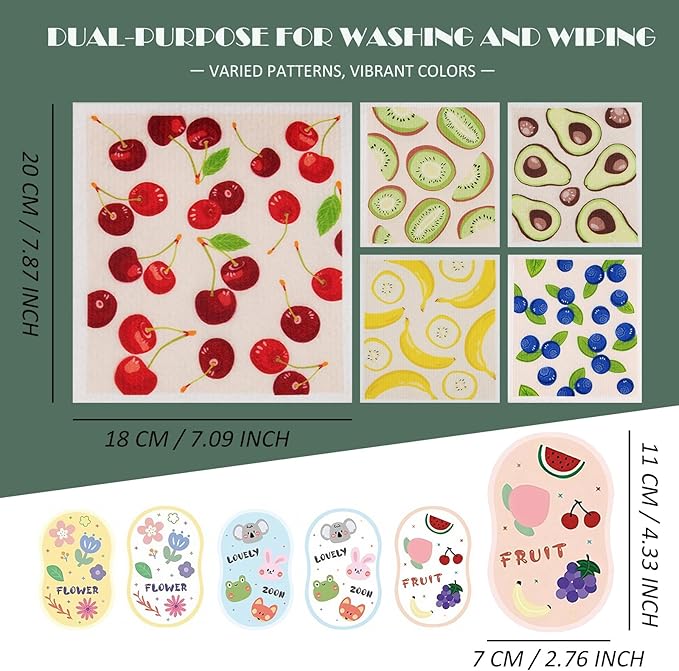 Swedish Dishcloths for Kitchen, 5 Large Square Super Absorbent Washable Paper Towels with 2 Small Thick Reusable Swedish Dish Cloths, Quick Drying Cleaning Rags
