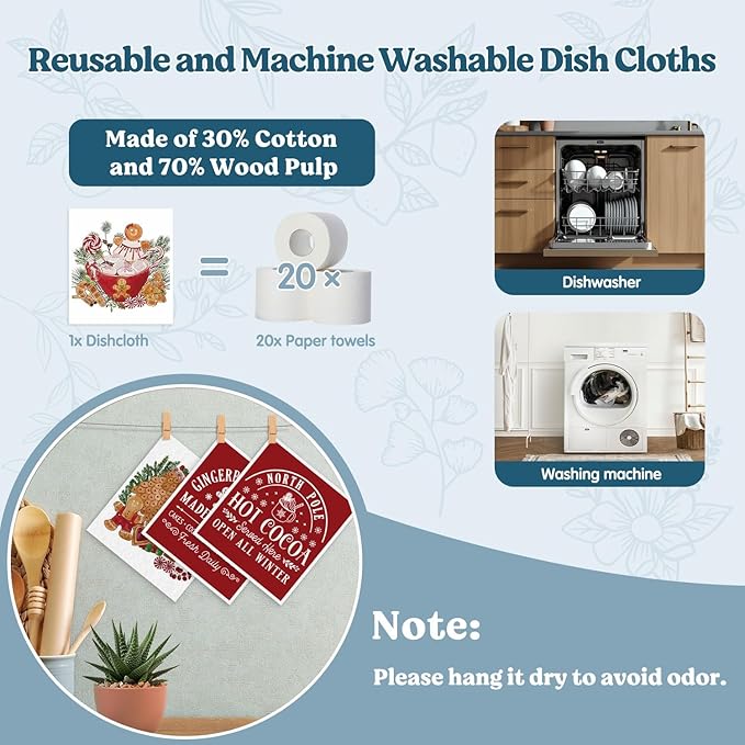 Swedish Dishcloths for Kitchen, Christmas Xmas Red Dish Rags Kitchen Dish Towels for Washing Dishes, 4 Pack Reusable Paper Towels, Sponge Cloths for Winter Holiday Baking Cooking Home Cleaning