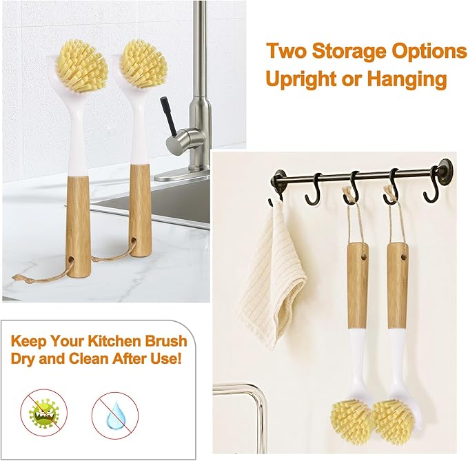 Dish Brush Set with Bamboo Handle, Kitchen Brushes for Cleaning Pot, Sink and Stove, Skillet Scrubber with Tough Bristles for Cast Iron Grill Pan, 2 Pack