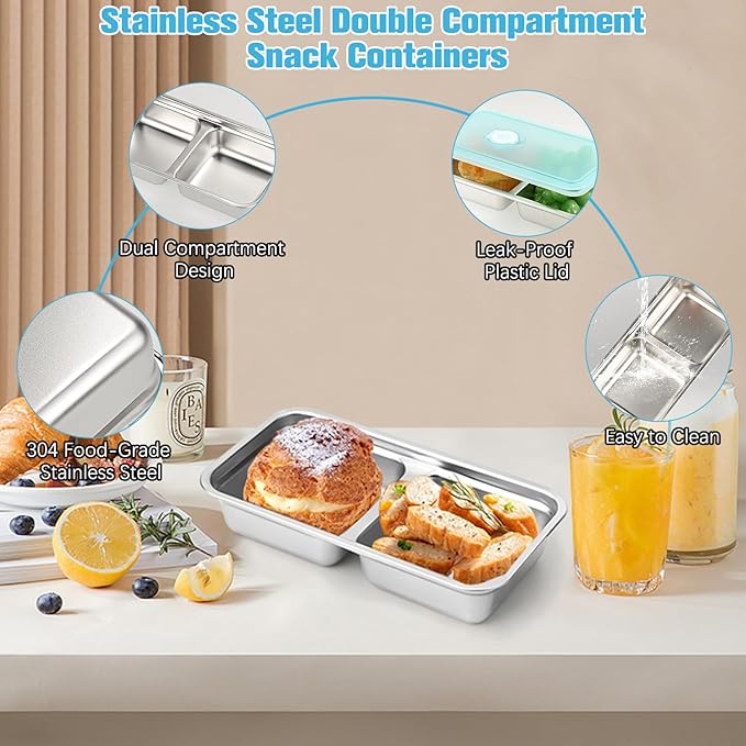 Grab and Go Snack Containers Reusable,Stainless Steel Double Compartment Snack Container,Compartment Containers with Lids,for Snacks Dips Travel and Outdoor Camping (2Pcs)