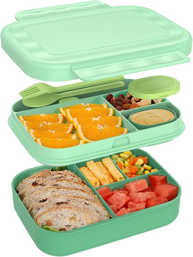 Caperci Bento Lunch Box for Kids - 5.8 Cups Stackable Leakproof Bento Box Adult Lunch Box with Sauce Container - Idea for School, On-the-go, Built-in Utensil Set, BPA Free (Green)