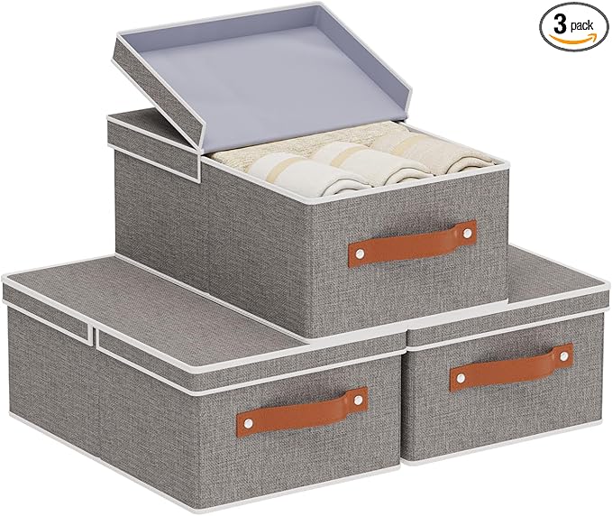 3-Pack Storage Boxes, Foldable Blanket Basket with Detachable Lid, Linen Closet 0rganizers with Double Handles, Collapsible Cubes for Organizing, Grey, 13 x 9.1 x 5.5 inch
