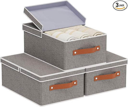 3-Pack Storage Boxes, Foldable Blanket Basket with Detachable Lid, Linen Closet 0rganizers with Double Handles, Collapsible Cubes for Organizing, Grey, 13 x 9.1 x 5.5 inch