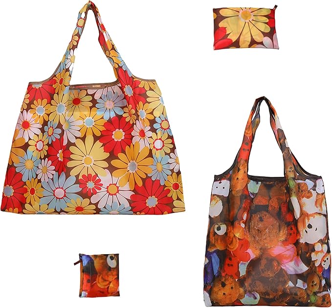 2 Piece Reusable Shopping Bags,foldable shopping bag,60-Pound Capacity,Machine Washable,One Large and One Small