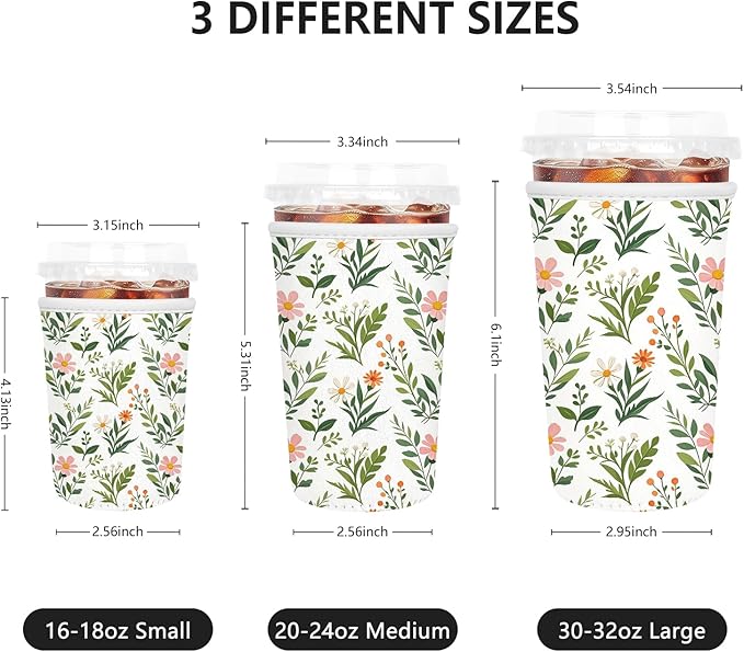 3 Pack Iced Coffee Sleeve, Reusable Insulated Neoprene Cup Sleeve for Cold & Hot Drinks Beverages, Cup Holder for 16-32oz Coffee Cups, White Leaves