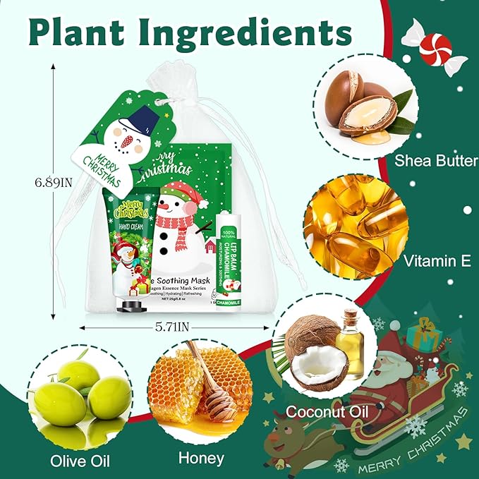 50 Pack Christmas Hand Cream, Facial Mask and Lip Balm Gift Set, Stocking Stuffers for Women, Bulk Christmas Gifts with Christmas Cards Organza Bag for Christmas Party Supplies, Christmas Decorations