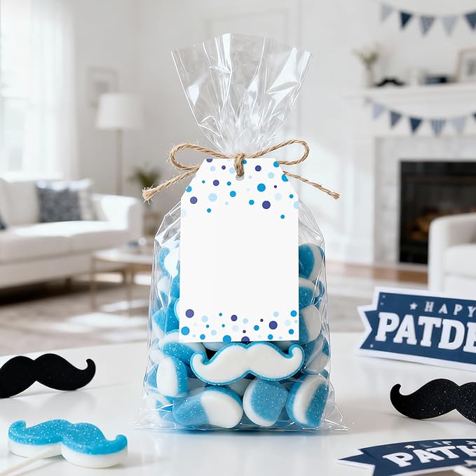 Anwyll Gift Tags with String - 100Pcs Blue Confetti Polka Dot Gift Bag Tags Personalized White Blank Hanging Paper Label Tag for Birthday Party Wedding Bridal Shower Fathers Day Favor Present Wrapping