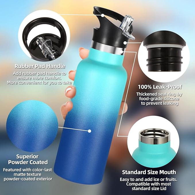 Volhoply 17oz Insulated Water Bottle Bulk 2 Pack,Stainless Steel Kids Water Bottles with Straw Lid,Reusable Metal Water Flask,Double Wall Vacuum Sports School Cups Keep Hot & Cold (Green Blue,2 Set)