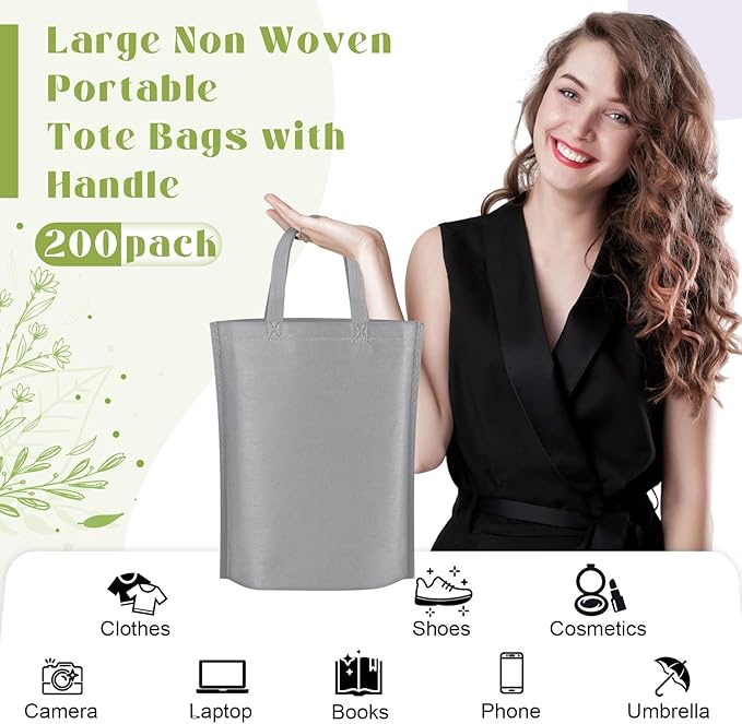 Windyun Reusable Grocery Bags Large Non Woven Shopping Bags with Handle Foldable Portable Tote Carryall Bulk 11.8x6x13.8 Inch