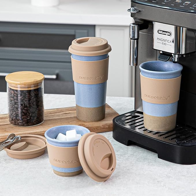 Nucookery Ceramic Travel Coffee Mug Set, Coffee Tumbler with Silicone Lid and Non-Slip Sleeve, Unique To Go Mug, Gifts for Women & Men, Microwave Safe Cappuccino, Tea, Latte, Iced-Coffee Cups, Blue