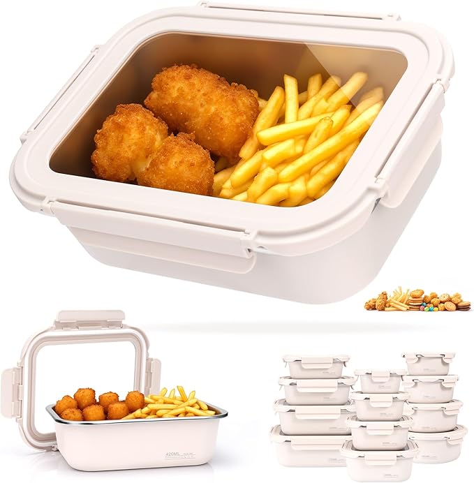 14oz Stainless Steel Lunch Box With Leakproof Glass Lids Microwavable Stainless Steel Food Storage Containers Stackable Freezer Snack Sandwich Meal Prep Metal Bento Box for Travel Picnic Rectangle