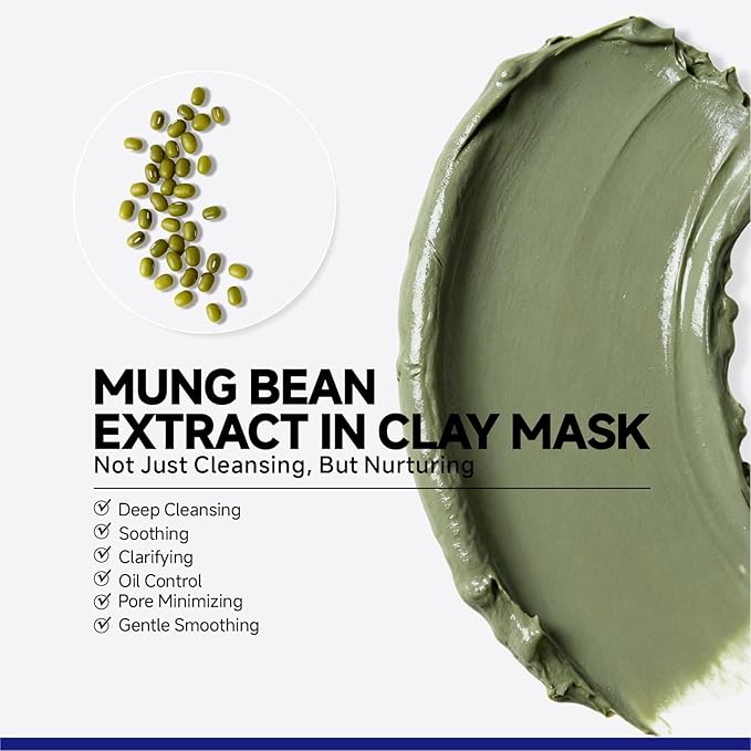 Deep Cleansing Green Clay Mask for Face, Kaolin Clay Masks Blackheads and Pores with Mung Bean for Soothing Oil Control, Mud Mask with Brush for All Skin Types（5.3 oz）