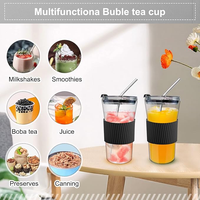 2 pcs Iced Coffee Cups with Lids, 16 oz Glass Cups with Lids and Straws, Reusable Tumbler with Silicone Sleeve, Wide Mouth Can Shaped Drinking Glasses for Coffee Juice Water Smoothie (Black)