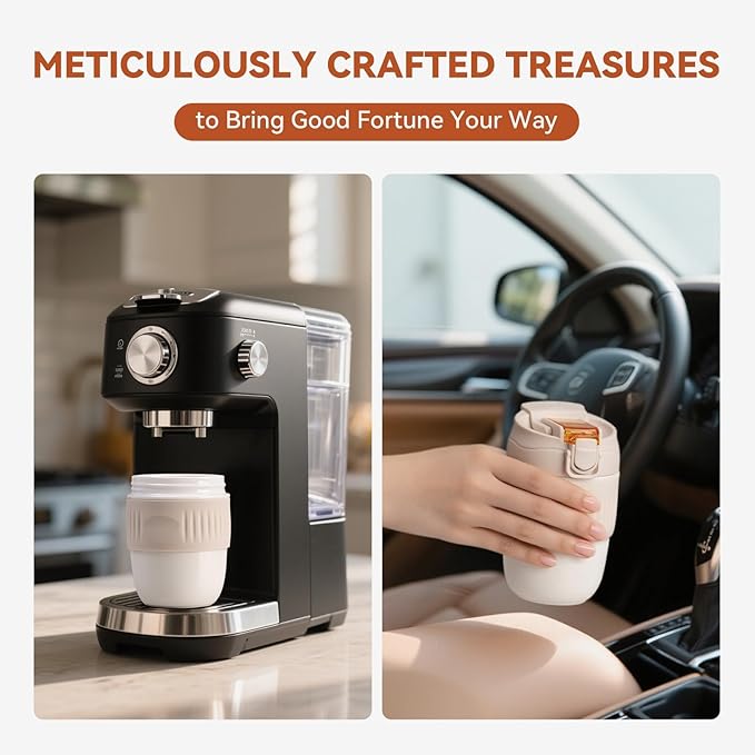 14oz Ceramic To Go Coffee Mug with Threaded Leakproof Lid & Silicone Sleeve - BPA-Free, Microwave Safe - Perfect for Car Cup Holders, Office & Gifts for Coffee Lovers (Sand Beige)