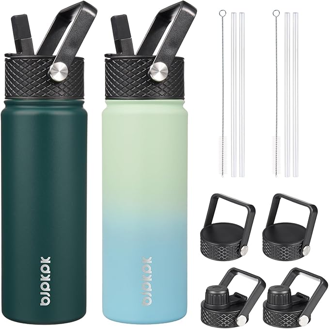BJPKPK 2 Pack Insulated Water Bottles with Straw Lids, 22oz Stainless Steel Metal Water Bottle with 6 Lids, Leak Proof BPA Free Jugs, Cups, Flasks for Travel, Sports (Army Green+Mint)