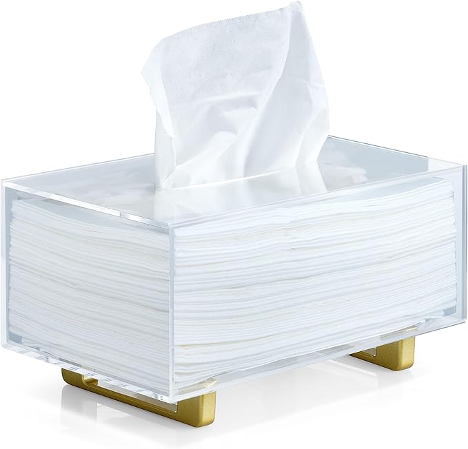 YoBa Thick Acrylic Tissue Box Holder Rectangular Clear Tissue Box Dispenser with Gold Plated Aluminum Legs for Bathroom, Kitchen, Bedroom, Office, Hotels and Restaurant