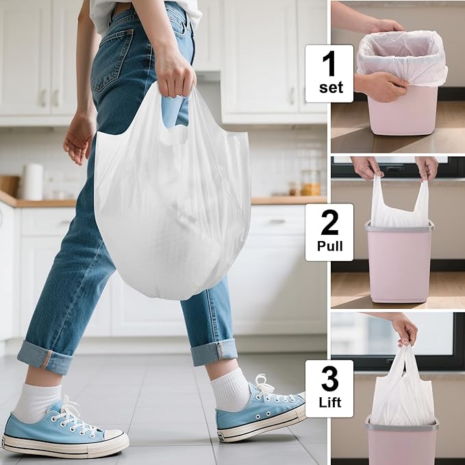 4 Gallon Biodegradable Trash Bags With-Handles - White 4 Gal Small Garbage Bags For Bathroom Can 100 Count 15 Liter Compostable Mini Waste Basket Liners Kitchen Office Car Strong Chenyucheng
