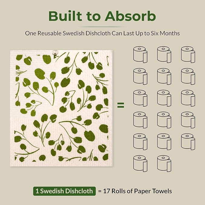 MosJos Swedish Dishcloths, Super Absorbent Multi-Surface Cleaning Cloths, Blue Floral Print, 80% Cellulose, 6.7x7.5 Inch, Set of 5 Designs