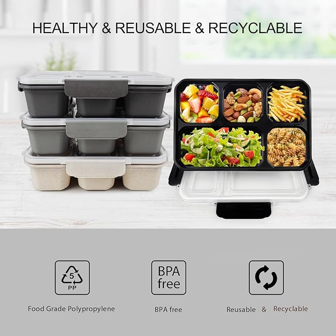 greenandlife 4 Pack Bento Lunch Box Set for Kids Adults, 5 Compartment Reusable Wheat Straw Meal Prep Food Storage Snack Containers, Stackable Snack box, Microwave and Dishwasher Safe, Grey+Black