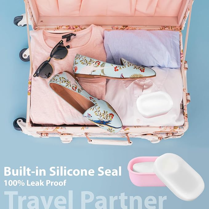 Leakproof Silicone Travel Soap Case with Drainage Layer, Silicone Bar Soap Holder Compact Portable Shatterproof Soap Container Box for Bathroom Gym Camp Travel Toiletries (Pink, Clear Lid)