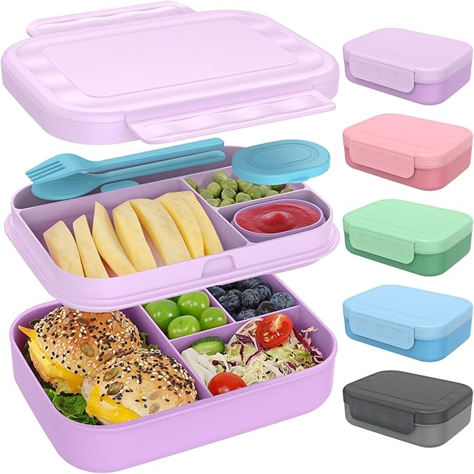 Caperci Bento Box for Kids - Stackable Leakproof Multiple Compartments Lunch Containers for Kids with Sauce Container, 5.8 Cups, Idea for School, On-the-go, Built-in Utensil Set, BPA Free (Purple)
