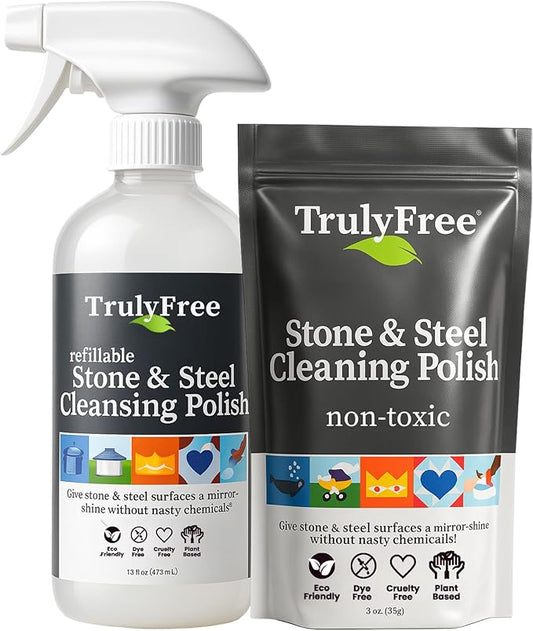 Truly Free Stone & Steel Cleansing Polish Starter Kit - Quartz, Marble, Granite, Stone Countertop, Oven, Stainless Steel Cleaner - 16oz Spray Bottle, 2 Refills (4oz) No Harmful Ingredients